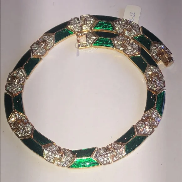 Angel Brand Signed Green Enamel CZ Rhinestone Gold Tone Chunky Vintage Necklace - Picture 9 of 9